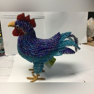 NWT 9” rooster figurine glass beads blue aqua